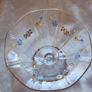 Vtg  Enameled Flora Footed Compote Candy or Sweet Meat Dish Hand Painted Floral